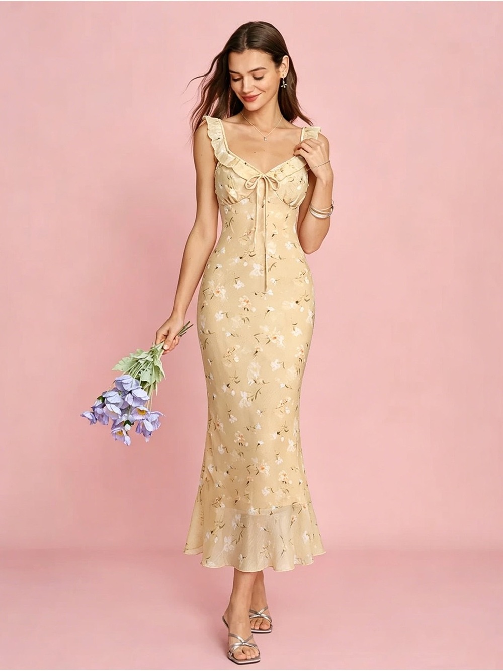 RIHOAS Yellow Floral Tie-Front Dress